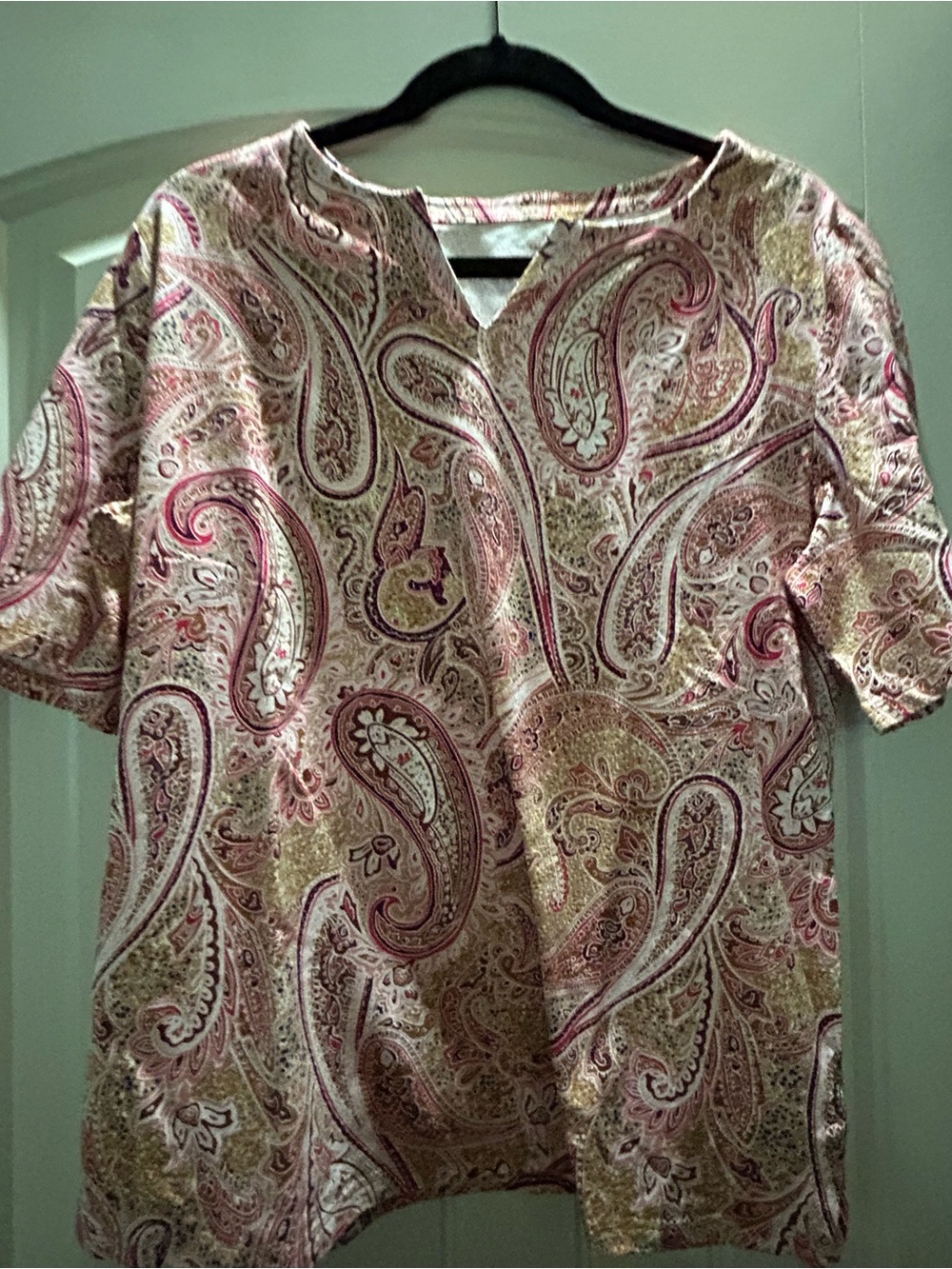 Paisley V-Neck Short Sleeve Top - Pink & Cream. Talbots. NWOT.